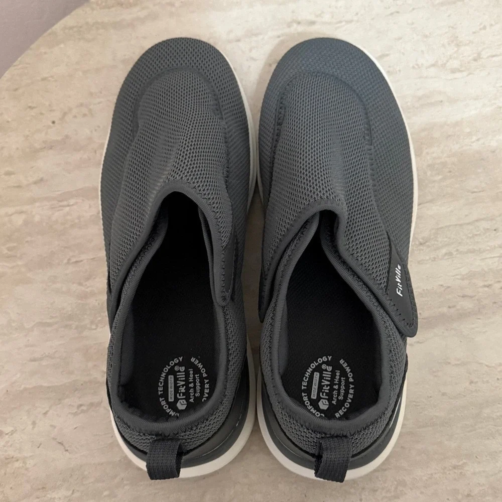 FitVille Men Slip On Sneakers 12EW Gray Mesh Arch Support Comfort Walking Shoes